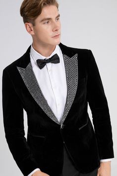 Fabric Material: 80% Polyester 20% Viscose Design One Button & Peaked Lapel Package 1*Blazer Occasion Homecoming / Dinner / Red Carpet / Party / Wedding Suits / Prom / Dating The black velvet 2-piece peak lapel tuxedo with rhinestones is a symbol of opulence and refined style. This tuxedo is meticulously constructed to make a statement, with a velvet fabric that exudes sophistication and luxury.This black velvet tuxedo is ideal for weddings, galas, or any other formal occasion where you want to Black Velvet Tuxedo, Homecoming Dinner, Peak Lapel Tuxedo, Velvet Tuxedo, Red Carpet Party, Suits Prom, Prom Date, Black Tie Gala, Black Tuxedo