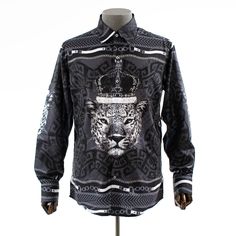 Men's Black And White Leopard Rhinestone Dress Shirt Mens Leopard Print Shirt, Tiger Sequin Shirt, Luxury Graphic Print Button-up Shirt, Luxury Abstract Print Men's Shirt, Luxury Skull Print T-shirt For Streetwear, Black Crown, Fitted Dress Shirts, Rhinestone Dress, Shirts Black