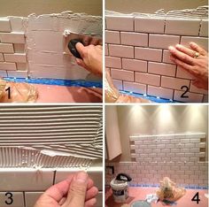 instructions for how to install a tile backsplash in a bathroom with white subway walls