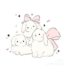 three white rabbits with pink bows sitting next to each other on a white background, surrounded by hearts and stars