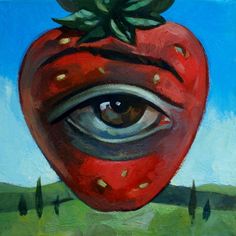 a painting of an eye looking at a red tomato with green leaves on it's head