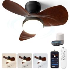 a ceiling fan with remote controls and various images showing the different parts that are needed for it