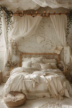 a bed with white sheets and pillows in a room that has plants growing on the walls