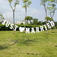 a sign that says just married in front of some trees and grass with buildings in the background