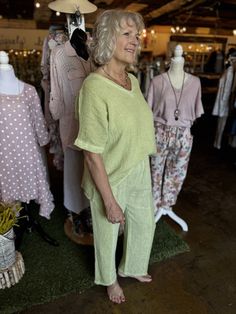 Experience all-day comfort with our Gauze/Linen Pants. Made with a unique blend of half gauze and half linen, these pants offer superior breathability. Perfect for any occasion, you'll love the comfortable feel of these pants. Lime Green 50% Cotton, 50% Linen Relaxed Green Summer Pants, Relaxed Green Pants For Summer, Comfortable Spring Pants For Relaxation, Comfortable Pants For Relaxation And Spring, Spring Relaxation Comfortable Pants, Relaxation Linen Bottoms With Elastic Waistband, Comfortable Linen Harem Pants For Spring, Summer Cotton Pants For Relaxation, Cotton Pants For Summer Relaxation