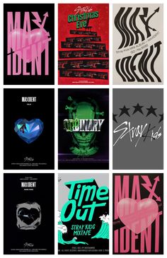 some type of posters with different colors and designs on them, including one that says time out