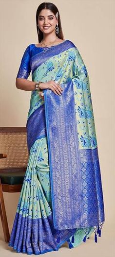 Blue color Saree in Kanjeevaram Silk fabric with Thread, Zari work Blue Color Saree, Wedding Blue, Wedding Saree, Zari Work, Silk Wedding, Traditional Wedding, Saree Wedding, Silk Fabric, Thread