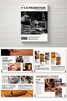 a brochure is shown with images of hands and tools on the page, as well as an advertisement for wine