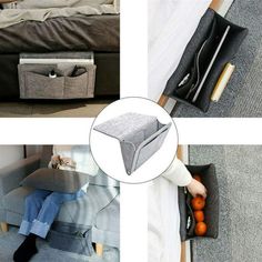 three pictures showing different positions of the foot rest and storage bins in various stages of operation