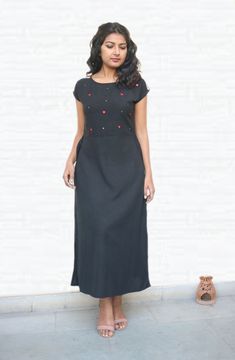 "Maxi dress for women, Embroidered linen dress, black linen dress, made to order, custom made, Plus size -Model height: 5'3\" wearing size S -Length: 50\" -Fit: Comfortable -Hand embroidered -Magyar This maxi dress has hand embroidery from Gujrat which is called kutchwork. Mirrors and sequins have been used since ages in Indian textiles to add the richness to the fabric and the look. **Note: Free Shipping time 15-21 days. Express Shipping time 5-7 days.**" Embroidered Linen Midi Dress, Embroidered Black Maxi Dress With Short Sleeves, Black Embroidered Short Sleeve Maxi Dress, Fitted Linen Dress With Floral Embroidery, Black Short Sleeve Embroidered Maxi Dress, Black Embroidered Fitted Maxi Dress, Fitted Black Embroidered Maxi Dress, Black Fitted Embroidered Maxi Dress, Traditional Black Maxi Dress For Spring