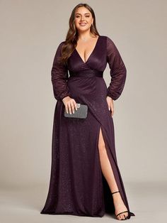 Dresses for Women - Shop Pretty Dresses Online - Ever-Pretty US Dark Purple Prom Dress Long Sleeve, Purple Gala Dress, Puff Sleeve Dress Formal, Koozie Ideas, Plus Size Evening Dresses, Dillards Dresses, Pronovias Dresses, Xmas Wedding, Evening Gowns With Sleeves