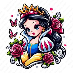 the snow queen with roses and butterflies on her head is surrounded by flowers, which are also