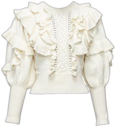 White Feminine Sweater For Fall, Chic Long Sleeve Sweater With Ruffles, Chic Cream Cotton Sweater, Elegant Long Sleeve Sweater With Ruffles, Elegant Long Sleeve Ruffle Sweater, Casual Cream Sweater With Ruffles, Feminine Cream Long Sleeve Sweater, Feminine Cotton Winter Sweater, Feminine Cotton Sweater For Winter