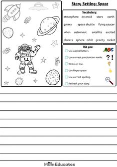 the story setting space worksheet is shown in black and white with an astronaut on it