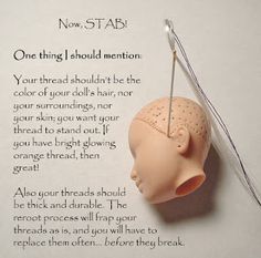 an ad for stab with a needle stuck in the top of a doll's head