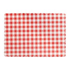 a red and white checkered placemat on a white background, with small circles in the center