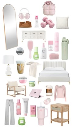 a collage of pink and white items including a bed, mirror, table, chair, lamp, coffee cup, toiletries and more