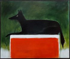 a painting of a black dog sitting on top of a red block with green grass in the background