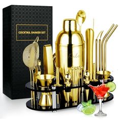 the cocktail shaker set is gold and black