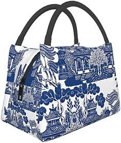 a blue and white tote bag with black handles