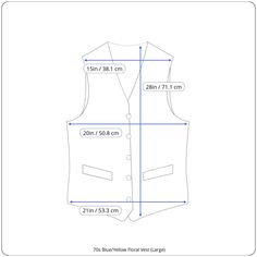 the front and back view of a vest with measurements for each side, including an additional waist