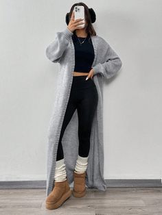 Lounge Wear Cardigan, Long Grey Cardigan Outfit Casual, Beige Oversized Cardigan Outfit, Grey Long Coat Outfit Classy, Body Suit With Cardigan Outfit, Long Grey Sweater Outfit, Church Fits Fall, Long Cardigan Dress Outfit, Autumn Outfits Leggings