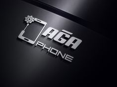 the logo for aga phone is shown in black and silver letters on a dark background