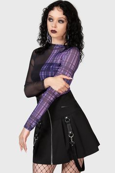 SWEET NIGHTMARE.- Soft, stretch mesh.- Statement half and half design with purple and green tartan.- Long sleeves.- Cropped.- Fitted.with KILLSTAR branding, Fabric 1: 95% Polyester, 5% Elastane. Fabric 2: 95% Polyester, 5% Elastane.Machine wash cold (30°c) / Do not bleach / Do not tumble dry / Iron at low temperature / Do not dry clean. Imported. Duela Dent, Tartan Material, Purple Tartan, Oc Outfits, Goth Clothing, Green Tartan, Purple Outfits, Half And Half, Elastane Fabric