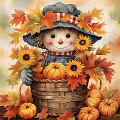 a painting of a scarecrow with sunflowers and pumpkins in a basket