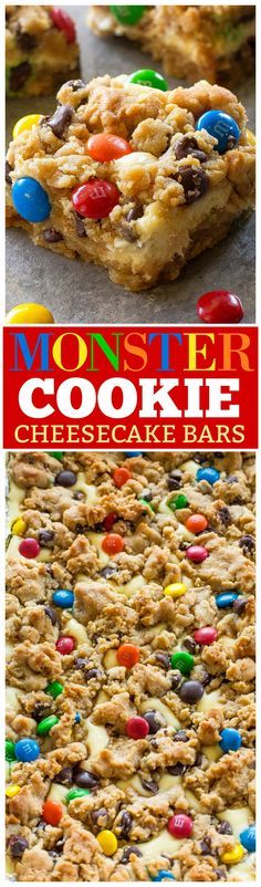 monster cookie cheesecake bars with m & m's in the middle and on top