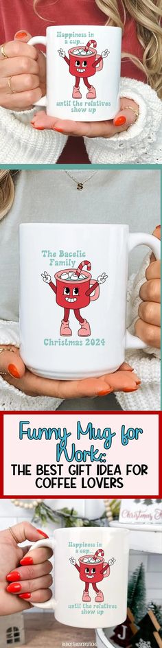 a woman holding a coffee mug with the words happy valentine's day on it