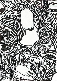 a black and white drawing of a woman's face surrounded by swirls and lines