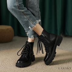 Lasaky - Premium Equestrian Short Boots with Thick Soles, Side Zipper and Front Lace-Up Design Lace Up Riding Boots, Rough Heels, Equestrian Boots, Martin Boots, Equestrian Style, Lace Up Ankle Boots, Short Boots, Chunky Heel, Olivia Mark