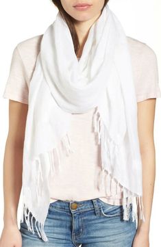 For Sale 100% Authentic                                                                  NEW Nordstrom Linen Blend Scarf in white  COLOR: White A fringe border furthers the summer-ready vibe of a gauzy scarf cut from an airy linen blend. 28" x 76"; 3" fringe. 52% linen, 48% viscose. Hand wash cold, line dry. Imported Please Check out my other items! Shipping and returns Combine shipping is available, please message us when you done your shopping  RETURN POLICY: Restocking fee 10% will be charged Chunky Knit Scarves, Scarf Outfit, White Snow, Striped Scarves, Fringe Scarf, Floral Print Skirt, Silk Shorts, Cotton Skirt, Linen Women