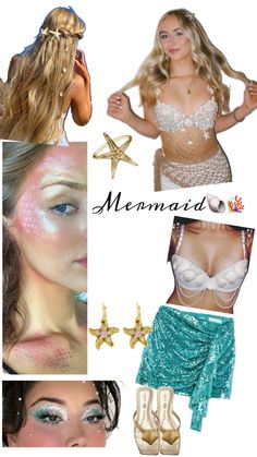 a collage of photos with mermaid makeup and accessories on it's sides, including starfish