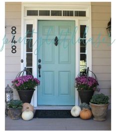 a blue front door with potted plants and pumpkins