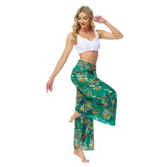 Green Digital Print Tie Waist Beachwear Wide Leg Pants Bandage Pants, Loose Trousers, Infinity Dress, Pleated Pants, Casual Trousers, Printed Ties, Fitted Skirt, Bottoms Pants, Leg Pants