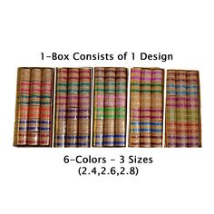 six books with different colors and sizes in each bookcase, one box consists of 1 design 6 - colors = 3 sizes 2, 4, 6, 8, 8, 8, 8, 8, 8, 8