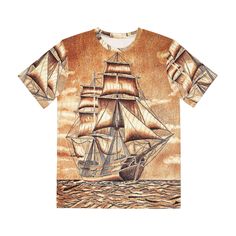 Why not look sharp, and fashionable with this stylish Men's Tempest Voyage T-Shirt designed with a striking artistry. The vibrant all over print decorates both the front and the back of this tee making it an instant standout in anyone's wardrobe. It features a nice, charming color; and it showcases an eye-catching, mixed media art of a sailing ship. Not only that, but this terrific t-shirt is expertly made from fine, and lasting fabrics; and it's comfortable, easy to maintain, and stylish. Made Turks And Caicos, Pitcairn Islands, Caicos Islands, Turks And Caicos Islands, Media Art, Stylish Men, Trinidad And Tobago, Mixed Media Art, All Over Print