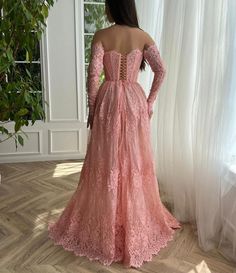 Pink Lace Evening Dress With Sweep Train, Pink Lace Ball Gown With Sweetheart Neckline, Pink Off-shoulder Gown With Fitted Bodice, Off-shoulder Lace Party Gown, Pink Off-shoulder Dress With Sweetheart Neckline For Wedding, Off-shoulder Lace Evening Gown, Off-shoulder Lace Prom Gown, Pink Lace Long Sleeve Evening Dress, Pink Long Sleeve Lace Evening Dress