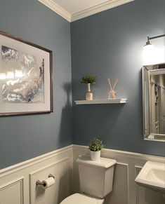 Blue bathroom with wainscoting and crown molding Bathroom 2 Color Walls, Bathroom Inspo Wall Color, Country Blue Bathroom Ideas, Light Blue Bathroom With Black Accents, Light Blue Wall Bathroom, Greyish Blue Bathroom, Light Blue Walls With Accent Wall, Blue Bathroom Makeover, Restroom Wall Color Ideas