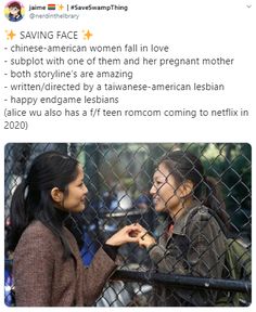 two women standing next to each other in front of a fence with the caption saying, saving face chinese - american women fall in love