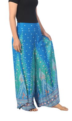 "♥ PALAZZO PANTS WOMEN Peacock Print - Small to Plus Sizes Fit All - Hippie Style Clothes - Wide Leg Pants - Bohemian Pants - Thai Yoga Pants Lannaclothesdesign comfy and stylish palazzo pants have elastic waist. Pants are really comfy to wear and they are handmade with breathable and soft wood pulp rayon material. Many different sizes available with many different pattern and colors. These wide leg pants are good for relaxation, traveling, dance, indoor and outdoor wear. Lannaclothesdesign prod Bohemian Blue Bottoms With Boho Print, Blue Bohemian Bottoms With Boho Print, Blue Boho Print Hippie Bottoms, Blue Hippie Bottoms With Boho Print, Hippie Blue Bottoms With Boho Print, Wide Leg Pants With Elastic Waistband For Festivals, Bohemian Full-length Wide Leg Pants, Green Bohemian Wide Leg Pants, Green Bohemian Wide Leg Full-length Pants