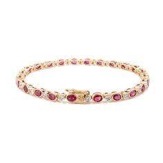 This is part of Chairish’s Fine Jewelry assortment.  This Diamond and 4.9 Carat Faceted Ruby Tennis Bracelet in 18K gold showcases 4.9 carats endlessly sparkling natural ruby and 0.61 carats of diamonds. It measures 7 inches long in length.  Ruby improves mental strength.  Designed with perfect oval cut ruby alternatively set with diamonds to make you stand out on any occasion or event. The elegant style complements the attire beautifully and is a perfect Engagement Gift, Bridal Shower Gift, Gif Ruby Tennis Bracelet With 17 Jewels For Anniversary, Ruby Tennis Bracelet In Yellow Gold For Anniversary, Fine Jewelry Ruby Tennis Bracelet With 17 Jewels, Anniversary Ruby Tennis Bracelet In Yellow Gold, Oval Ruby Tennis Bracelet For Formal Occasions, Yellow Gold Ruby Tennis Bracelet For Anniversary, Classic Round Ruby Diamond Bracelet, Elegant Ruby Tennis Bracelet In Yellow Gold, Classic Ruby Diamond Bracelet