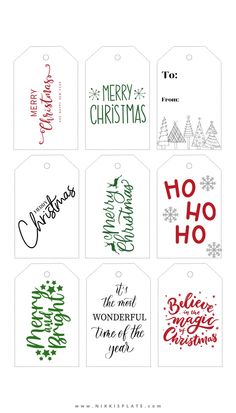 six christmas gift tags with the words merry, happy and merry written in different languages