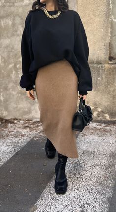 H&m Knit Dress, Long Skirt Oversized Sweater, Ribbed Midi Skirt Outfit Winter, Dark Sweater Outfit, Winter Long Skirt Outfit Cold Weather, Long Knitted Skirt Outfit, Soft Autumn Winter Outfits, Long Winter Dress Outfit, Bodycon Dress Outfit Winter