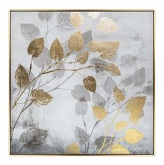 a painting with gold and silver leaves on it