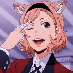 an anime character with blonde hair wearing a red jacket and cat ears on her head