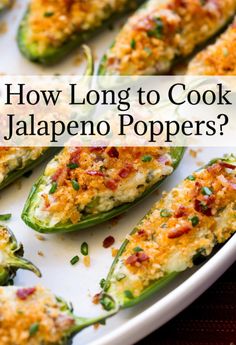 how long to cook jalapeno poppers on a white platter with text overlay