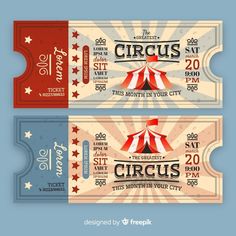 two circus ticket templates with red and white tents on the front, blue background